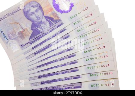 Banconote da 20 libbre / £ 20 / £ 20,00 sterlina britannica nuove banconote con numeri sequenziali, stampate da 1 foglio, emesse una dopo l'altra. REGNO UNITO (136) Foto Stock
