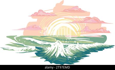 elementi per il design con il mare del tramonto disegnato a mano, per le tue composizioni, il design del packaging, i tessuti, la lanterna, carta, piatti Illustrazione Vettoriale