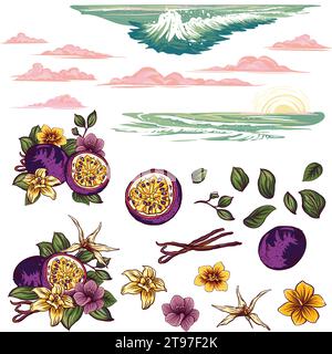 Elementi per la progettazione mare del tramonto disegnati a mano e frutto della passione con fiori e vaniglia con cialde e fiori, design del confezionamento, tessuti, lanterna, carta, Illustrazione Vettoriale