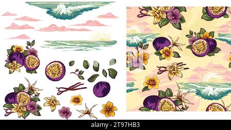 Elementi per la progettazione mare del tramonto disegnati a mano e frutto della passione con fiori e vaniglia con cialde e fiori, design del confezionamento, tessuti, lanterna, carta, Illustrazione Vettoriale