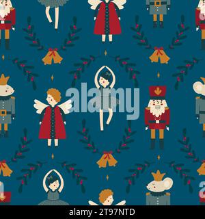 Decorazioni natalizie motivo vettoriale piatto senza cuciture. Tradizionale trama dei cartoni animati per le vacanze invernali. Illustrazione Vettoriale