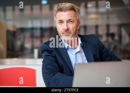 Imprenditore maturo seduto con il computer portatile Foto Stock