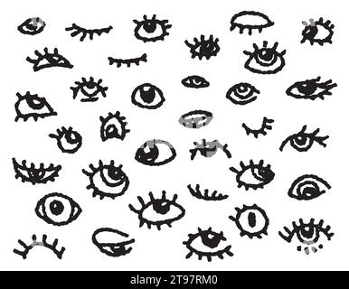 Set di doodle vettoriali disegnati a mano con occhi disegnati a mano. Illustrazione Vettoriale