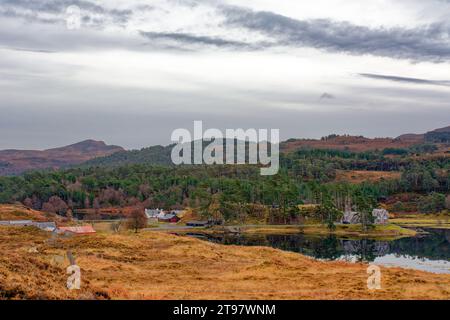 Glen Affric Cannich Scotland Loch Pollan Fearna con Glen Affric Lodge e case di proprietà incastonate tra pini scozzesi Foto Stock