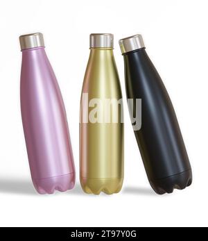 Bottiglia d'acqua isolata su sfondo bianco rendering illustrazione 3D con trama metallizzata Foto Stock