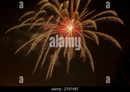 Fuochi d'artificio sullo sfondo del Dark Night Sky a Dalmine (BG), Italia, spettacolo per Capodanno Foto Stock