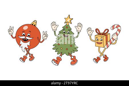 I personaggi di Natale più belli: Albero, confezione regalo con canna da zucchero, pallina rossa con barba bianca. Un albero di Natale ruvido. Cà cartoni animati retro groovy Illustrazione Vettoriale