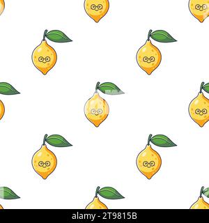 Simpatico personaggio Kawaii Lemon con motivo occhiali senza cuciture. Illustrazione vettoriale disegnata a mano. Personaggio al limone in stile doodle. Isolato su sfondo bianco Illustrazione Vettoriale