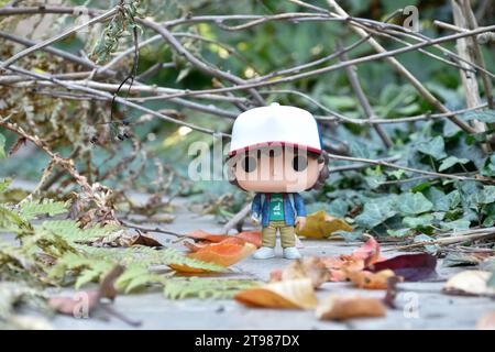 Funko Pop action figure di Dustin Henderson con bussola della famosa serie TV Netflix Stranger Things. Strada abbandonata, foresta autunnale, foglie. Foto Stock