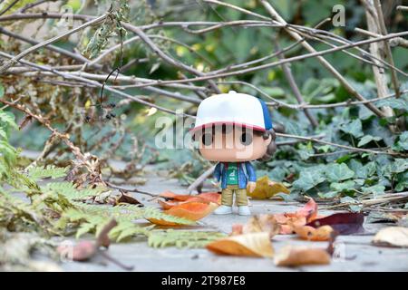 Funko Pop action figure di Dustin Henderson con bussola della famosa serie TV Netflix Stranger Things. Strada abbandonata, foresta autunnale, foglie. Foto Stock