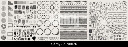 Elementi grafici disegnati a mano, cornice, bordo, decorazione d'angolo, pennello, fiori, scarabocchi, texture per il web design, marketing design e così via. Illustrazione vettoriale Illustrazione Vettoriale