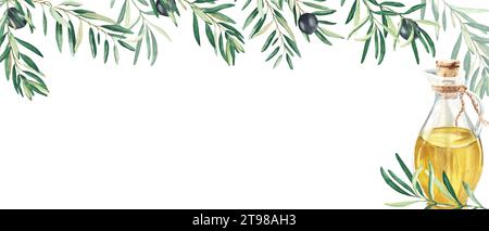 Cornice orizzontale, bordo con rami d'oliva e frutti maturi. Olio in una caraffa di vetro. Illustrazione a mano dell'acquerello. Perfetto come banner web, per Foto Stock