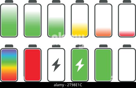 LE ICONE DELLA BATTERIA CONSENTONO DI IMPOSTARE GLI INDICATORI DI LIVELLO. DURATA DELLA BATTERIA, ACCUMULATORE, BATTERIA IN ESAURIMENTO, RICARICA DELLA BATTERIA Illustrazione Vettoriale