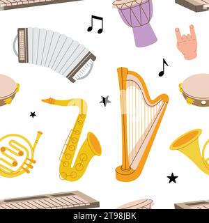 Strumenti musicali. Tuba, tromba, flauto da tamburo, corno francese, liuto, violino, basso, chitarra acustica. Strumenti musicali colorati Illustrazione Vettoriale