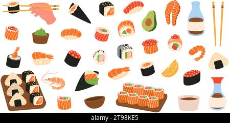 Sushi roll di pesce. Cucina giapponese. Ikura sushi, tobiko maki, onigiri, nigiri di gamberetti, tekkamaki tonno roll, futomaki, sake temaki, ciotola di soia, vasabi. Illustrazione Vettoriale