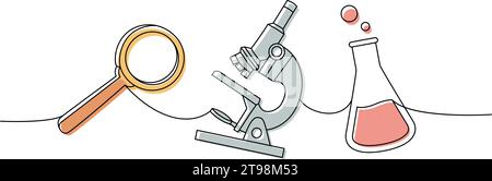 Set di materiale scolastico. Torna a scuola. Lente d'ingrandimento, microscopio, apparecchiature in vetro da laboratorio, provette per analisi illustrazione continua a una linea. Illustrazione Vettoriale