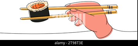 Bacchette giapponesi con rotolo di sushi a una linea colorata a disegno continuo. Cucina giapponese, cibo tradizionale, illustrazione continua a una linea. Illustrazione Vettoriale