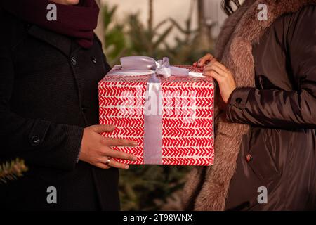 Ritratto ravvicinato delle mani di una coppia amorevole. Il giovane dà una grande scatola rossa a una bella donna tra il mercato verde dell'albero di Natale. La ragazza è sorpresa Foto Stock