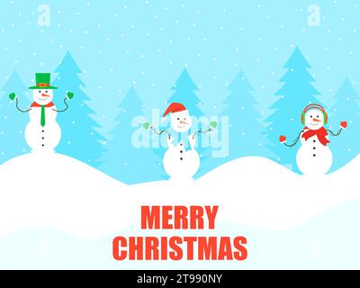 Buon Natale. Striscione con pupazzo di neve sulla neve e abeti sullo sfondo. Pupazzo di neve con cappello, guanti e sciarpa di Babbo Natale. Pupazzo di neve in testa Illustrazione Vettoriale