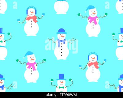 Motivo natalizio senza cuciture con pupazzi di neve realizzati con tre palle di neve. Un pupazzo di neve con una carota al posto del naso, che indossa una sciarpa e dei guanti, e un Babbo Natale Illustrazione Vettoriale
