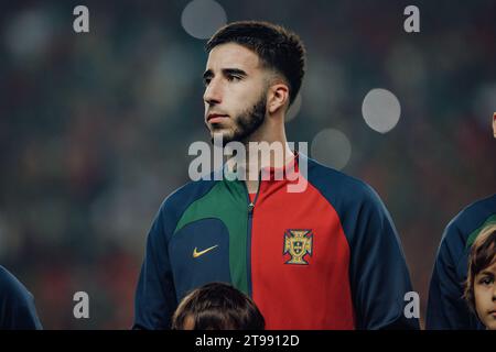 Goncalo Inacio durante la partita di qualificazione a Euro 2024 tra le nazionali di Portogallo e Islanda, Estadio Jose Alvalade, Lisbona, Portogallo. (Macie Foto Stock