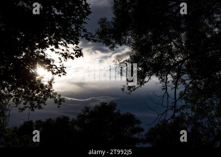 Sfondo naturale con vista su un cielo nuvoloso attraverso il quale la luce del sole sfuma Foto Stock