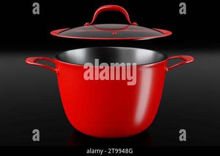 Fornello in acciaio inox con coperchio e pentole in alluminio cromato su sfondo nero. rendering 3d di utensili da cucina antiaderenti Foto Stock