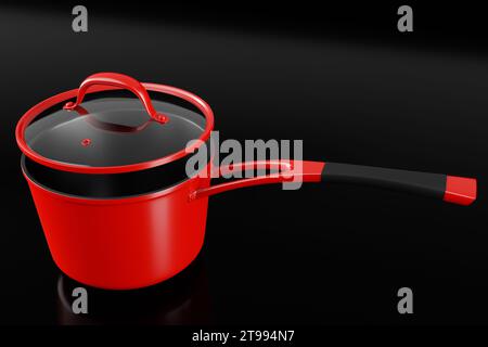 Fornello in acciaio inox con coperchio e pentole in alluminio cromato su sfondo nero. rendering 3d di utensili da cucina antiaderenti Foto Stock