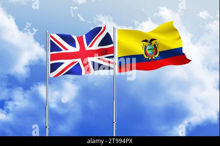 Ecuador e Regno Unito bandiere insieme che sventolano contro il cielo blu Foto Stock