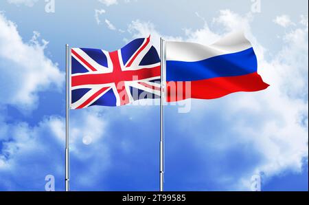 La Russia e il Regno Unito bandierano insieme contro il cielo blu Foto Stock