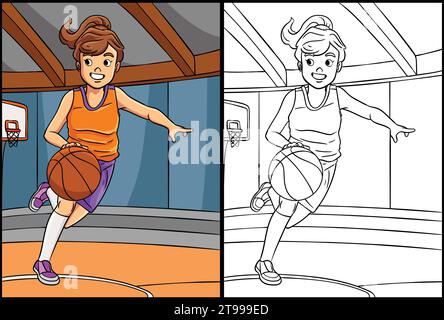 Illustrazione da colorare di basket Girl Dribbling Illustrazione Vettoriale