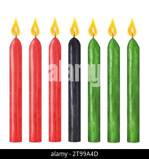 Sette candele in fiamme, rosso nero verde per Kinara. Kwanzaa vacanza afro-americana. Il mese della storia nera. Sfondo isolato con acquerello disegnato a mano. Foto Stock