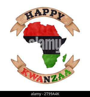 Africa contorno mappa continente, colori bandiera nero verde rosso. Testo sui nastri Happy Kwanzaa. Il mese della storia nera. Illustrazione ad acquerello disegnata a mano Foto Stock