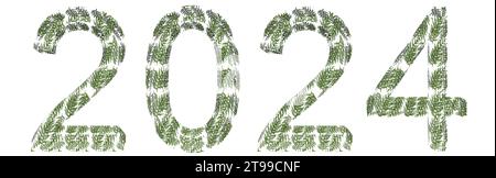 2024 anni concettuali o concettuali realizzati con font con motivo in abete verde isolato su sfondo bianco. Un'illustrazione 3D astratta come metafora per il futuro Foto Stock