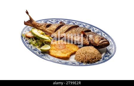 Pesce di acciuga fritto con riso al cocco, patacon e insalata di verdure Foto Stock