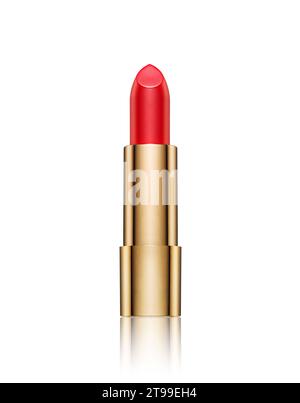 Rossetto rosso in oro isolato su sfondo bianco. Campione di prodotto cosmetico per il trucco Foto Stock