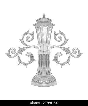Lanterna con ornamento floreale, incisione vintage illustrazione in stile disegno Illustrazione Vettoriale