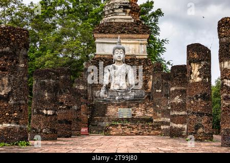 Parco storico di Sukhothai, Wat Traphang Ngoen, statua del Buddha di meditazione, Sukhothai, Thailandia, sud-est asiatico, Asia Foto Stock