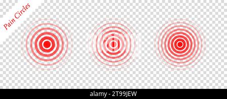 Onda circolare del dolore. Icona di destinazione. Impulso effetto rosso isolato su sfondo bianco. Radar di segnale. Sonar pattern. Design della linea di vibrazione. Raggi radiali. Rotondo Illustrazione Vettoriale