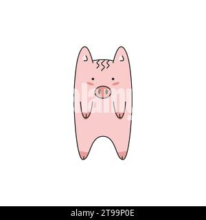 Porco carino. Design dei personaggi dei cartoni animati. Kawaii. Illustrazione Vettoriale