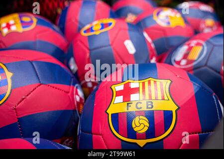 Barcellona, Spagna. 21 novembre 2023. Merchandising della squadra di calcio di Barcellona in vendita presso il suo stadio di calcio, Spotify Camp Nou e il suo negozio di merchandising ufficiale a Barcellona. Credito: SOPA Images Limited/Alamy Live News Foto Stock