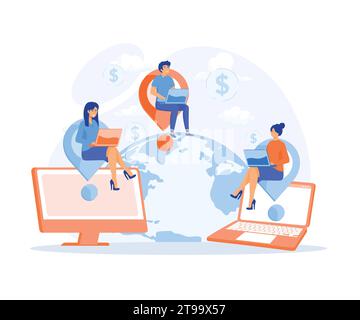 Azienda di outsourcing, scenario di lavoro del team di sviluppatori. Composizione di outsourcing software, illustrazione moderna a vettore piatto Illustrazione Vettoriale