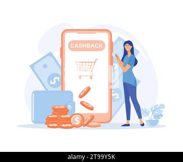 Cashback del sistema bancario su Internet, la ragazza in smartphone restituisce percentuale di denaro, monete, contanti dagli acquisti dal negozio online al portafoglio di grandi dimensioni, fla Illustrazione Vettoriale