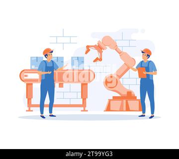 Ingegnere che lavora con l'interfaccia interattiva. Industria intelligente, illustrazione moderna a vettore piatto Illustrazione Vettoriale