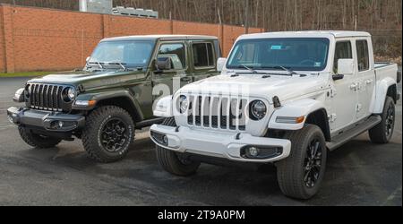 Jeep Gladiators in vendita presso una concessionaria di Warren, Pennsylvania, USA Foto Stock