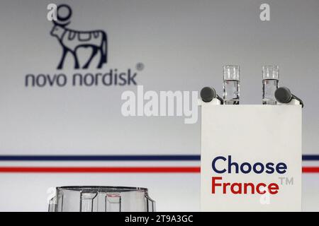 Chartres, Francia. 23 novembre 2023. Il presidente Emmanuel Macron visita la multinazionale farmaceutica danese Novo Nordisk a Chartres, Francia centrale, il 23 novembre 2023. Emmanuel Macron formalizzerà il 23 novembre 2023 a Chartres (Eure-et-Loir) un investimento di oltre due miliardi di euro da parte del danese Novo Nordisk nella produzione di farmaci per il diabete e l'obesità, aggiungendo così un nuovo aspetto alla reindustrializzazione del paese. Foto di Stephane Lemouton/Pool/ABACAPRESS.COM credito: Abaca Press/Alamy Live News Foto Stock