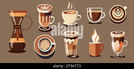 Icone del caffè in stile cartone animato isolate. Illustrazione Vettoriale