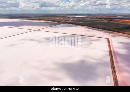 Vista aerea sulle rive degli argini e il sale rosa del lago Bumbunga a Lochiel, Australia meridionale Foto Stock