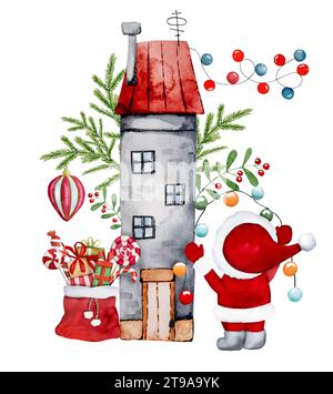 Casa vecchia con decorazioni natalizie in inverno, Uno Gnome appesa ghirlanda sulla casa, dipinto ad acquerello disegnato a mano Foto Stock