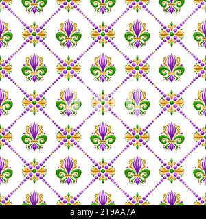 Vector Fleur de Lis Seamless Pattern, sfondo ripetuto con illustrazioni del motivo a reticolo e fleur de lis verde nelle celle rombo, poste quadrate Illustrazione Vettoriale